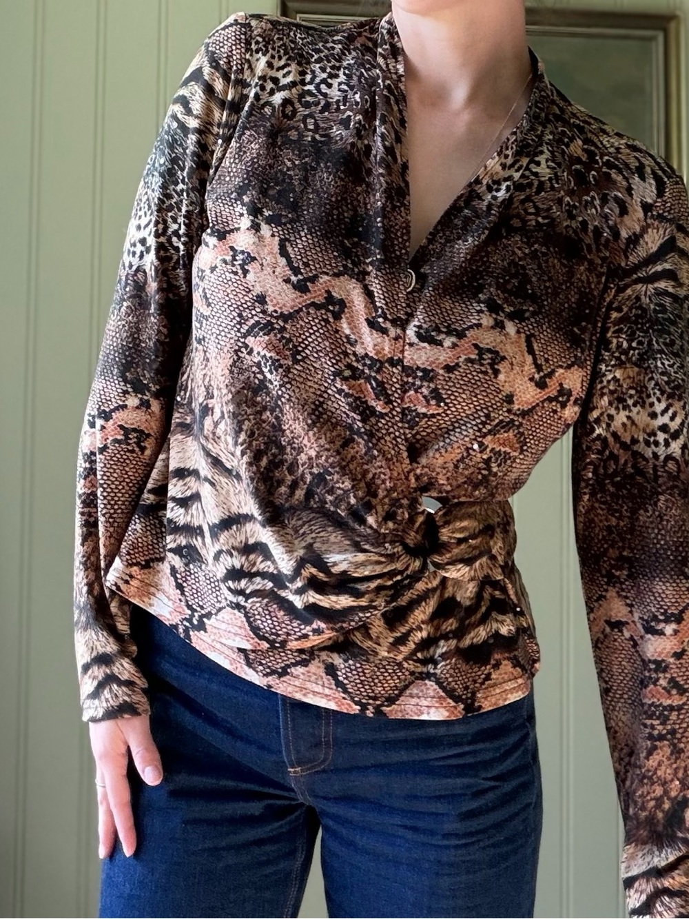 Vintage Joseph Ribkoff Animal Print Twist-Front Women’s Blouse - Medium Fit